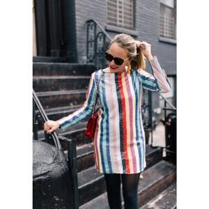 Mestiza New York Sequin Dress Rainbow Striped Shift Mini Womens Sz 4 Multicolor